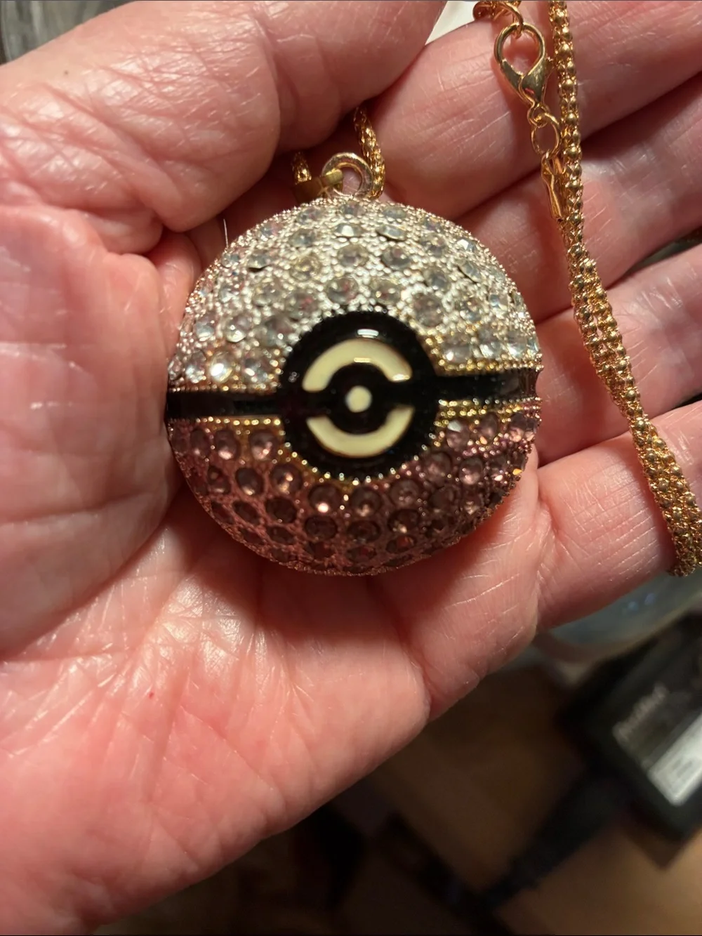 Crystal Poké Ball Pendant Necklace - Pink & Gold